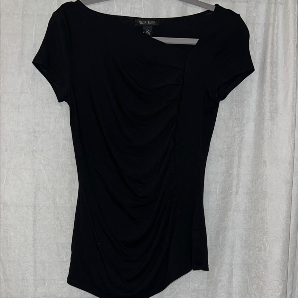 White House Black Market Black Blouse with Asymmetrical Cut Out Ruched Style